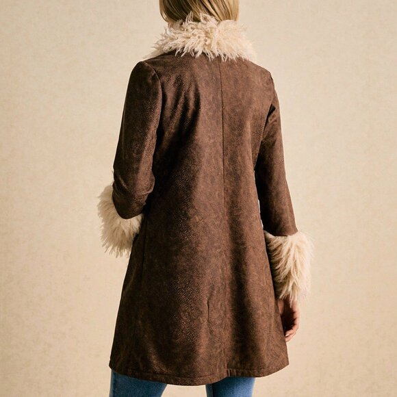 Brown Boho Casual Women's Contrast Shaggy Faux Fur Mid-Length Jacket - Picture 2 of 10